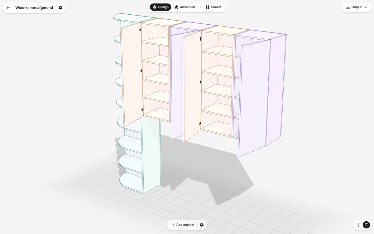 Designing a run of cabinets in 3D in KerfLab