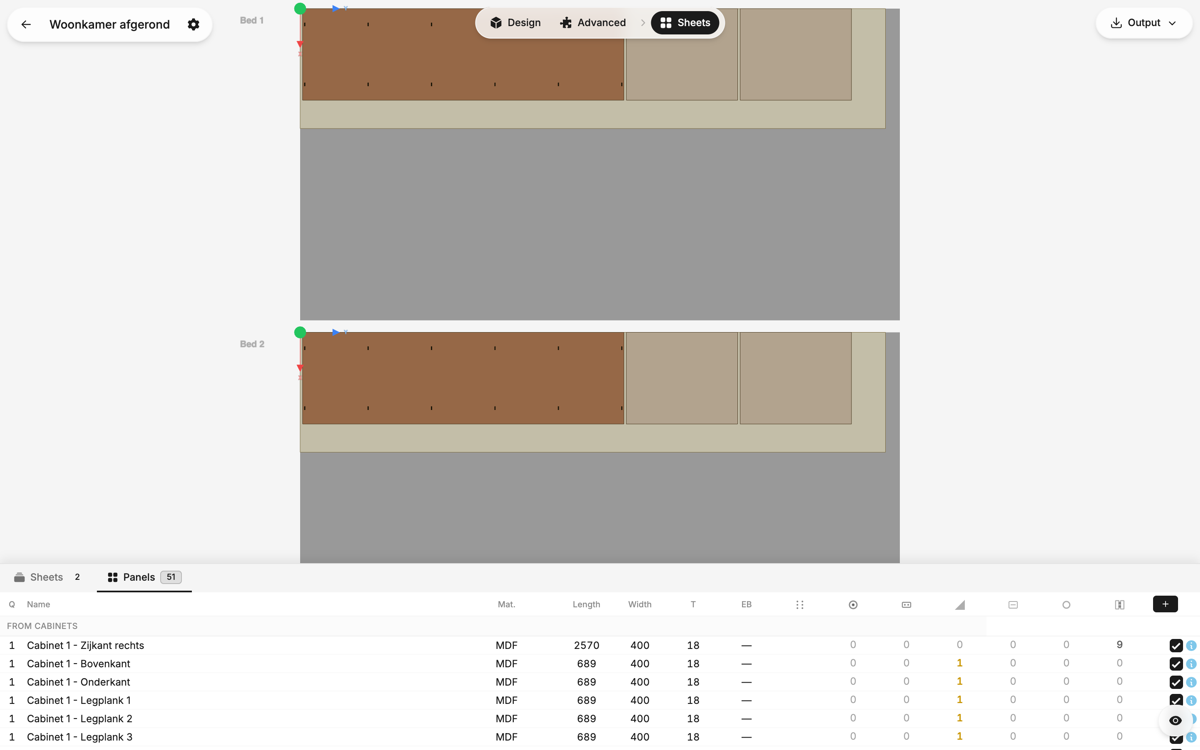 Cabinet panels nested onto sheets
